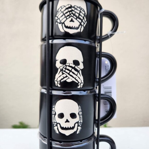 NEW Ceramic Skeleton Espresso Mugs Mug Set of 4 Stacking Stackable Black Stonewa - Picture 10 of 15